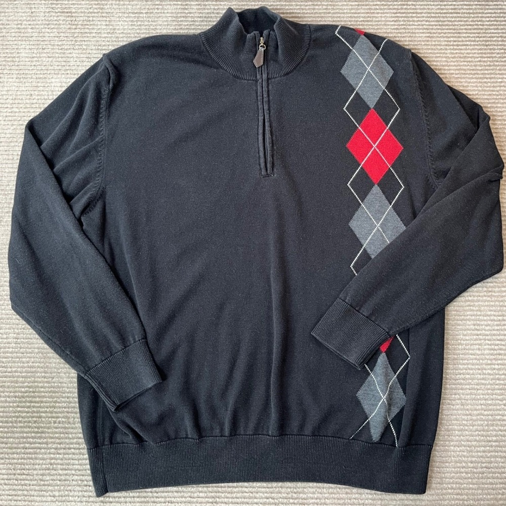 Pebble Beach Mens Size XL Black Argyle Quarter Zip Cotton Blend Sweater Pullover